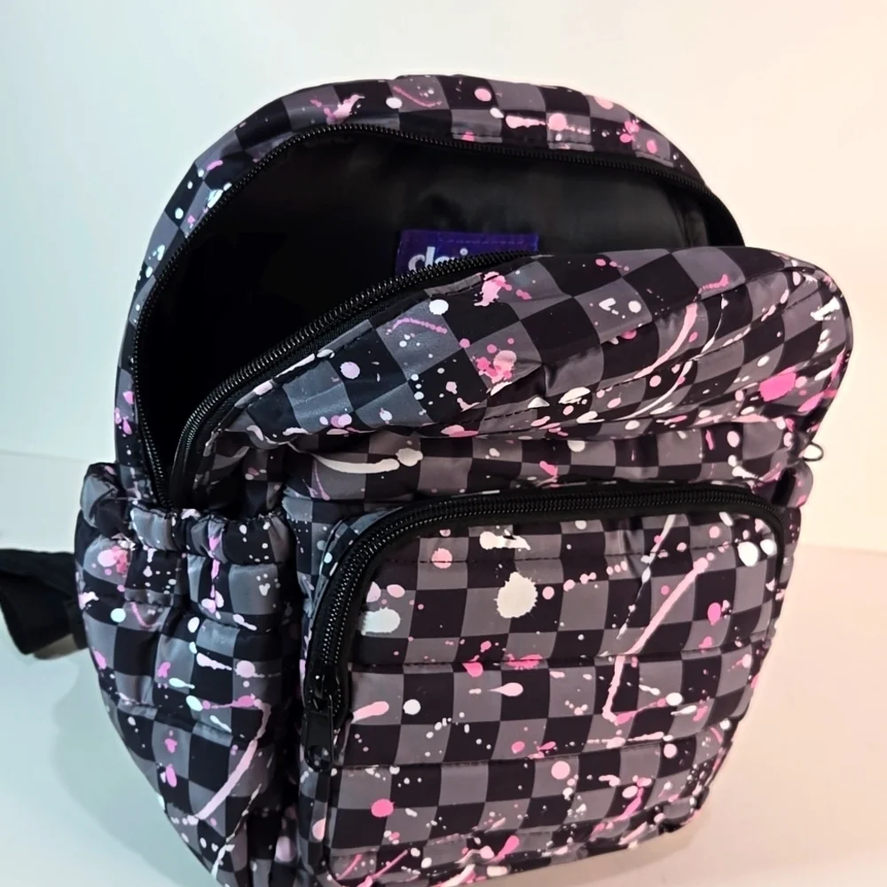 NWT Checkered Backpack with Pink and White Splatter Zippered Padded